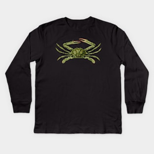 Green Swimming Crab Vintage Scientific Drawing Kids Long Sleeve T-Shirt